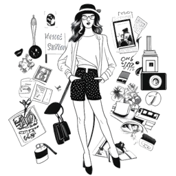 Line art drawing of a woman, symbolizing Devon Lee Carlson, posing with a camera in a fashionable outfit, surrounded by design drafts and magazine logos such as Vogue, epitomizing her fashion industry influence.