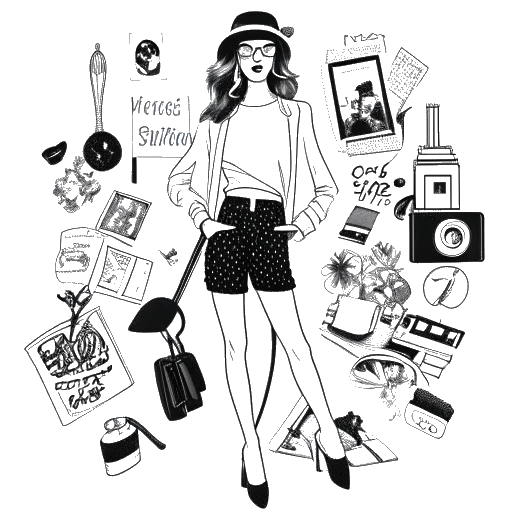 Line art drawing of a woman, symbolizing Devon Lee Carlson, posing with a camera in a fashionable outfit, surrounded by design drafts and magazine logos such as Vogue, epitomizing her fashion industry influence.