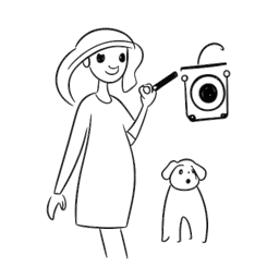 Dibujo lineal de una mujer, encarnando a Devon Lee Carlson, frente a un set de grabación de video, acompañada por símbolos de un icono de 'Me gusta', el virus COVID-19 y una huella de perro, denotando su presencia en línea y esfuerzos filantrópicos.