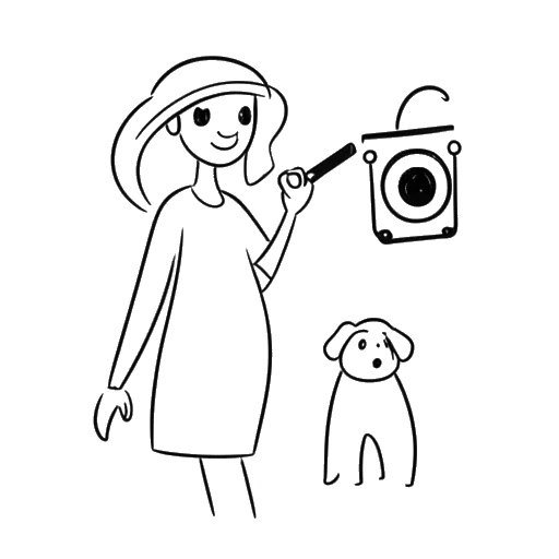 Desenho em arte linear de uma mulher, incorporando Devon Lee Carlson, em frente a um cenário de gravação de vídeo, acompanhada de símbolos de um ícone de 'Curtir', o vírus da COVID-19 e uma pata de cachorro, denotando sua presença online e esforços filantrópicos.