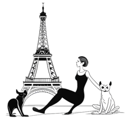 Lijntekening van een vrouw, symbool voor Devon Lee Carlson, in een yogahouding met haar honden in de buurt, en beroemde bezienswaardigheden zoals de Eiffeltoren en de Big Ben illustreren haar wereldwijde reizen.