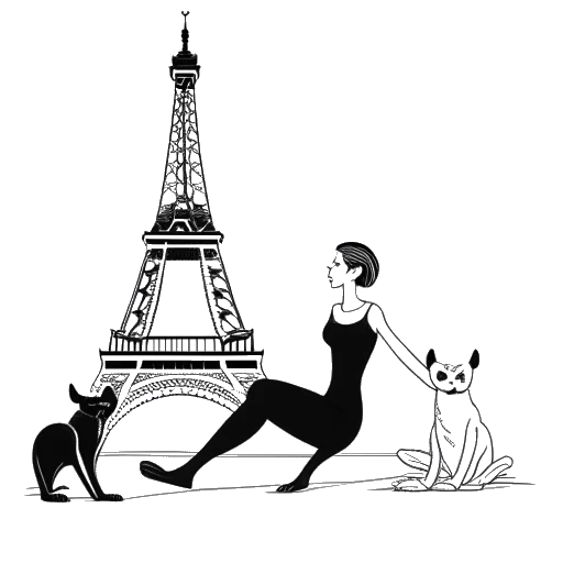 Desenho em arte linear de uma mulher, representando Devon Lee Carlson, em uma pose de yoga com seus cachorros por perto, e pontos turísticos famosos como a Torre Eiffel e o Big Ben ilustram suas viagens globais.