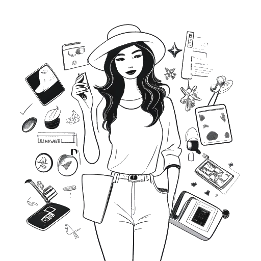 Lijntekening van een vrouw, die Devon Lee Carlson vertegenwoordigt, omringd door iPhone-hoesjes en chique accessoires met een YouTube-afspeelknop, wat haar zakelijk succes en online invloed symboliseert.