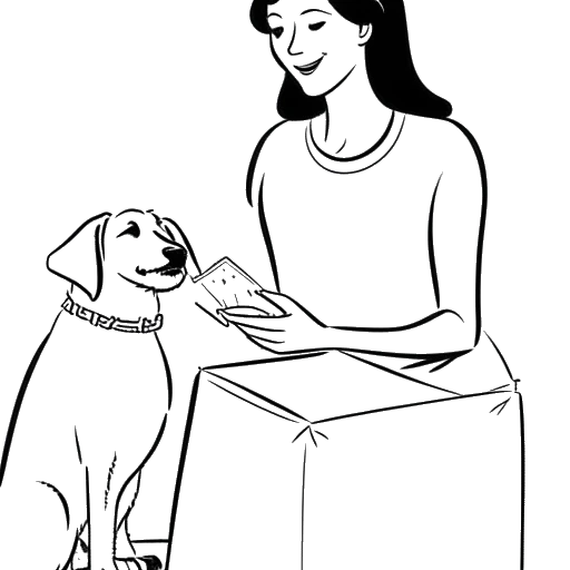 Desenho de arte linear de uma mulher, representando Devon Lee Carlson, segurando um cachorro e uma caixa de doações