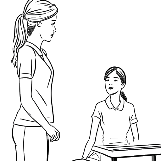 Desenho de arte linear de uma jovem mulher, representando Devon Lee Carlson, visitando um quiroprático