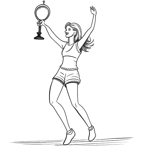 Desenho de arte linear de uma jovem mulher, representando Devon Lee Carlson, dançando no palco com um troféu