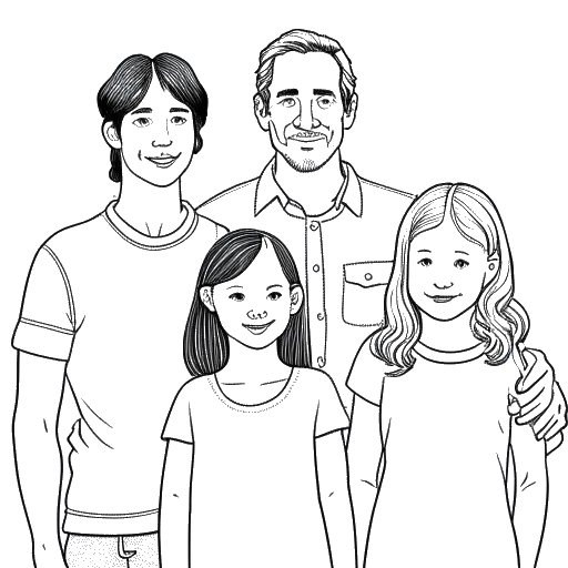 Lijnkunsttekening van een gezin, met Devon Lee Carlson als de oudste dochter, met haar ouders aan weerszijden