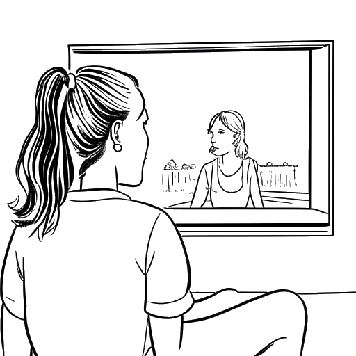 Line art drawing of a woman, representing Devon Lee Carlson, watching two movies on a screen