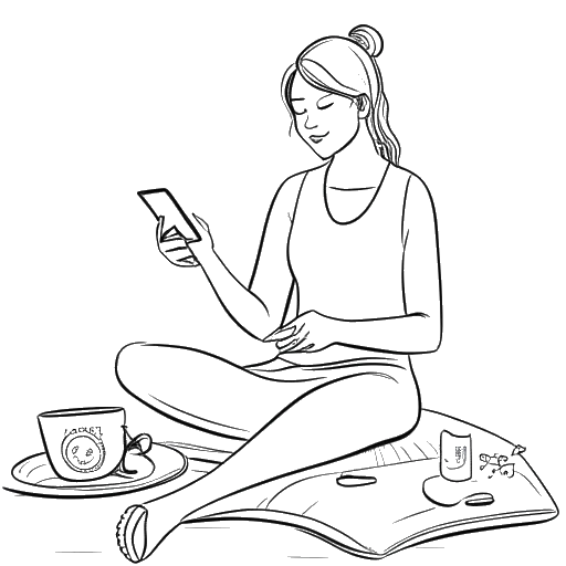 Desenho de arte linear de uma mulher, representando Devon Lee Carlson, jogando um jogo para celular, assistindo a um filme e praticando ioga