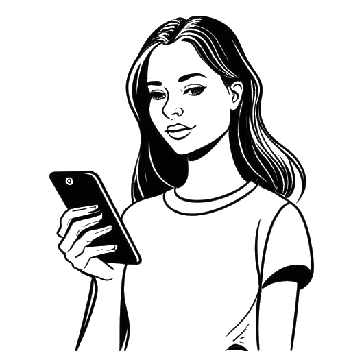 Desenho de arte linear de uma mulher, representando Devon Lee Carlson, segurando um telefone com um grande número de seguidores na tela