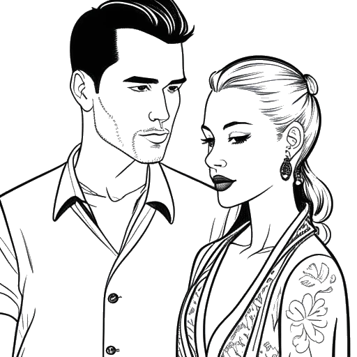 Line art drawing of a couple, one representing Devon Lee Carlson and the other representing Jesse James Rutherford