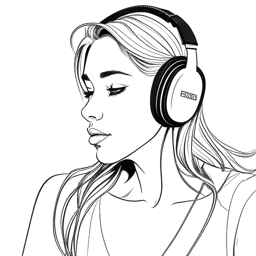 Lijnkunsttekening van een vrouw, die Devon Lee Carlson vertegenwoordigt, die naar muziek luistert met koptelefoon