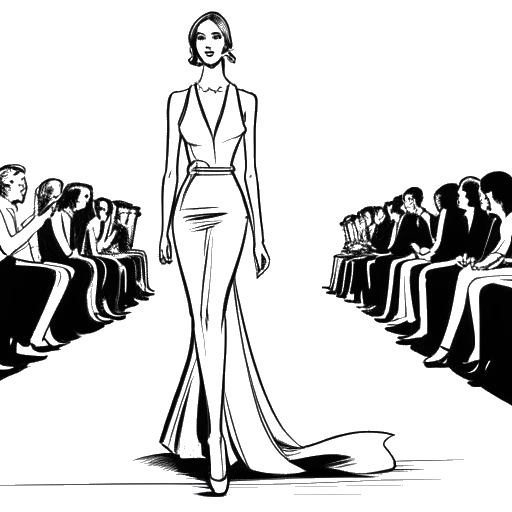 Disegno in stile line art di una donna, rappresentante Devon Lee Carlson, che presenta abiti su una passerella, con un uomo, rappresentante Marc Jacobs, che guarda