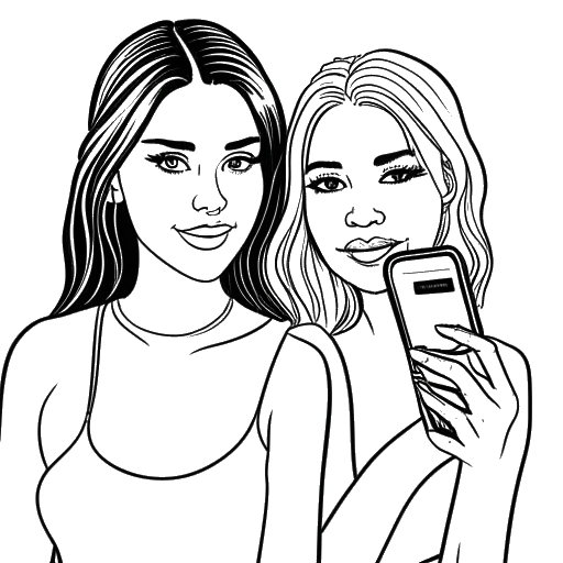 Line art drawing of two women, one representing Devon Lee Carlson and the other representing Miley Cyrus, with a phone case between them