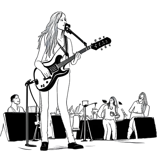 Line art drawing of a woman, representing Devon Lee Carlson, performing on stage with a band