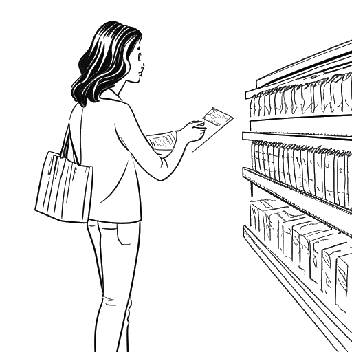 Desenho de arte linear de uma mulher, representando Devon Lee Carlson, fazendo compras em uma loja de departamento