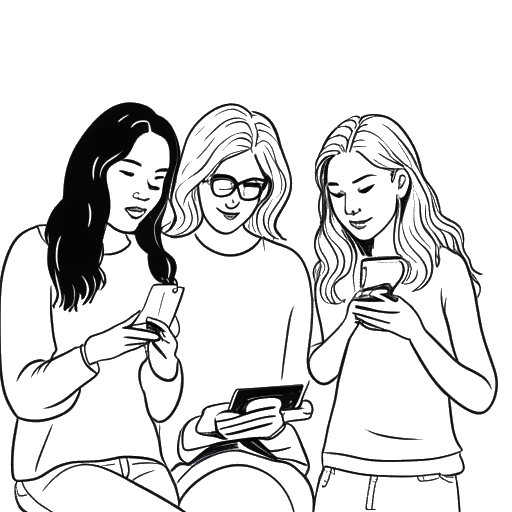 Desenho de arte linear de três mulheres, representando Devon Lee Carlson, sua mãe e sua irmã, trabalhando juntas em capas de celular