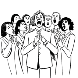Strichzeichnung von Vokalmatador, der in einem Chor singt und von anderen Chormitgliedern umgeben ist. Die Zeichnung ist vor einem weißen Hintergrund.