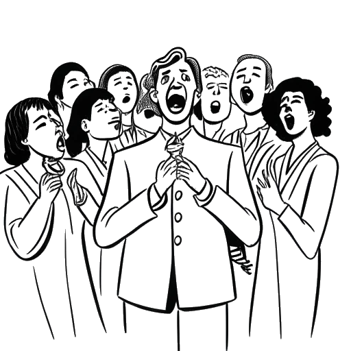 Strichzeichnung von Vokalmatador, der in einem Chor singt und von anderen Chormitgliedern umgeben ist. Die Zeichnung ist vor einem weißen Hintergrund.