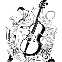 Strichzeichnung eines Mannes, der Vokalmatador darstellt und klassische Musikelemente wie ein Cello und Notenblätter mit Straßenkulturelementen wie Sneakers und Graffiti kombiniert. Die Zeichnung ist vor einem weißen Hintergrund.