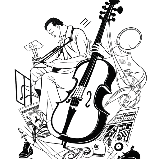 Strichzeichnung eines Mannes, der Vokalmatador darstellt und klassische Musikelemente wie ein Cello und Notenblätter mit Straßenkulturelementen wie Sneakers und Graffiti kombiniert. Die Zeichnung ist vor einem weißen Hintergrund.