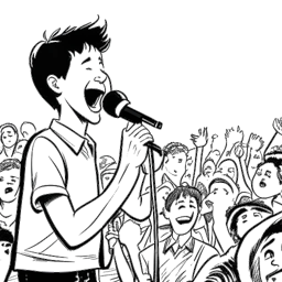 Strichzeichnung eines jungen Jungen mit kurzen Haaren, der Vokalmatador darstellt und leidenschaftlich in ein Mikrofon auf einer Bühne singt. Er ist von einer Menschenmenge umgeben, alles vor einem weißen Hintergrund.