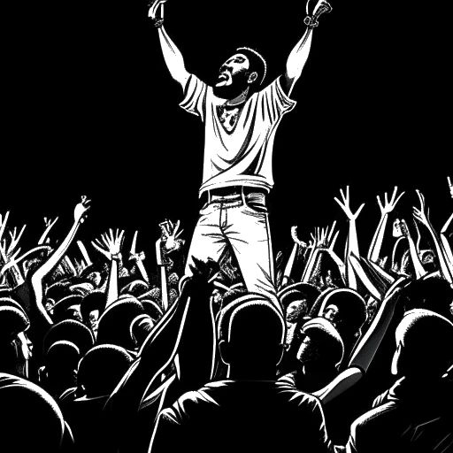 Strichzeichnung eines Mannes, der Vokalmatador darstellt, bei einer lebendigen Hip-Hop-Performance. Er hält ein Mikrofon in der Hand und einen Geldbündel in der anderen. Der Künstler wird von Scheinwerfern auf einer dynamischen Bühne beleuchtet und fasziniert eine Menge begeisterter Fans mit erhobenen Händen und freudigen Gesichtern. Der Hintergrund ist weiß.