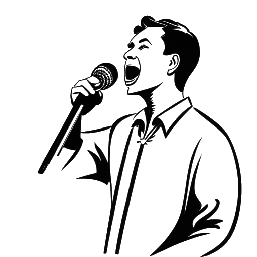 Strichzeichnung eines Mannes, der singt, mit einem durchgestrichenen politischen Symbol im Hintergrund, die Vokalmatadors Vermeidung politischer Themen repräsentiert