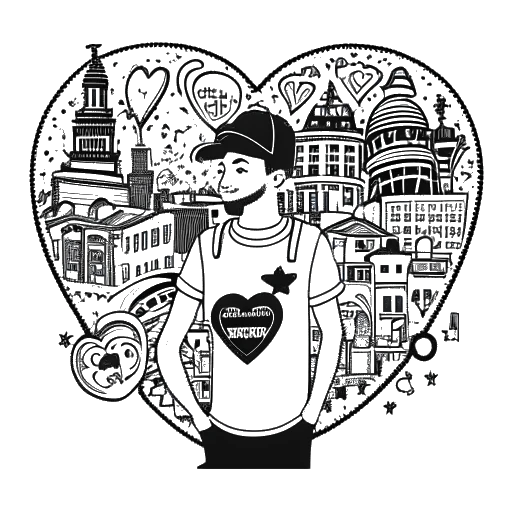 Strichzeichnung eines Mannes, der ein Herz hält, mit Berliner Wahrzeichen und Hip-Hop-Symbolen im Hintergrund, die Vokalmatadors Liebe für Berlin repräsentieren