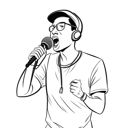 Strichzeichnung eines jungen Mannes, der mit einem Mikrofon rappt, umgeben von englischen und deutschen Textblasen, die Vokalmatadors Rapperübergang repräsentieren