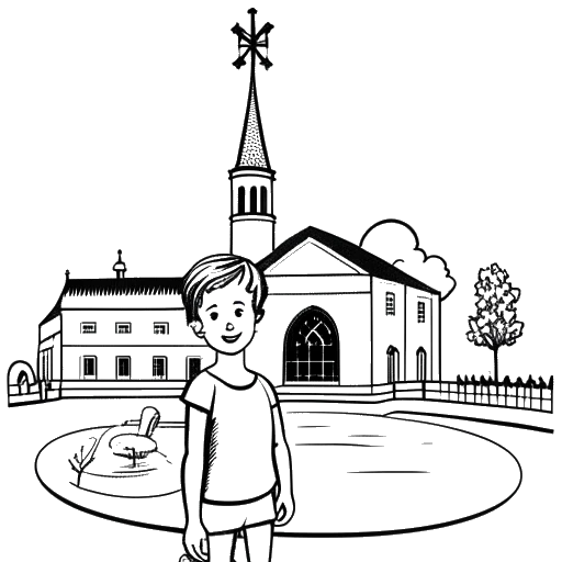 Strichzeichnung eines Jungen im Badeanzug, der ein Kreuz hält, mit einem Schwimmbad und einer Kirche im Hintergrund, die Vokalmatadors Schwimmunterricht und Kirchenentdeckung repräsentieren