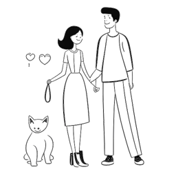 Desenho em arte linear de um casal, representando Kelsey Kreppel e Cody Ko, elegantemente vestidos, com um símbolo de coração, animais de estimação e uma notificação de mídia social indicando seu grande número de seguidores.