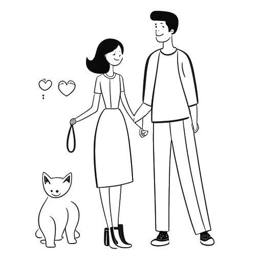 Lijntekening van een stel, dat Kelsey Kreppel en Cody Ko voorstelt, modieus gekleed, met een hartpictogram, huisdieren en een melding van sociale media die haar grote aantal volgers aangeeft.