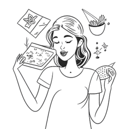 Line drawing of a woman with a Libra tattoo, representing Kelsey Kreppel, emotionally authentic, advocating for unique pizza toppings, loving Thursdays, and enjoying karaoke.
