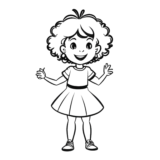 Desenho em arte linear de uma menina, representando Kelsey Kreppel, em um uniforme de líder de torcida, segurando um pompom em sua mão esquerda e um gesso em seu pulso direito.
