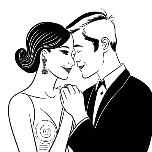 Desenho em arte linear de um casal, representando Kelsey Kreppel e Cody Ko, com a mulher usando um anel de noivado e os anos '2017' e '2021' exibidos ao fundo.