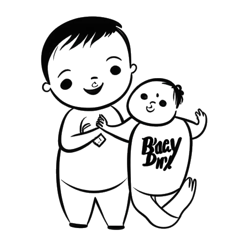 Line art drawing of a couple, representing Kelsey Kreppel and Cody Ko, holding a baby onesie with the words 'Baby Boy' written on it.