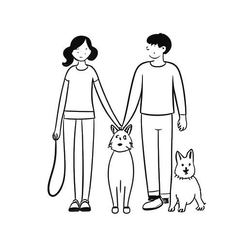 Line art drawing of a couple, representing Kelsey Kreppel and Cody Ko, holding hands, with a dog and two cats at their feet, the dog wearing a tag with the name 'Chili' on it.