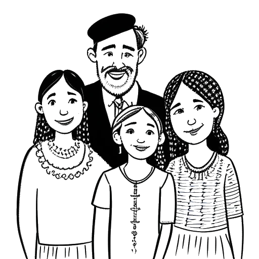 Desenho em arte linear de uma família, representando a família de Kelsey Kreppel, com uma menina, seu irmão mais velho e seus pais, o pai usando um quipá e a mãe usando um colar com uma cruz.