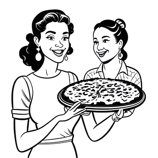 Dessin en noir et blanc d'une femme, représentant Kelsey Kreppel, tenant une part de pizza à l'ananas, se tenant à côté d'une autre femme, représentant Emma Chamberlain, avec une affiche de la comédie musicale 'Hamilton' en arrière-plan.