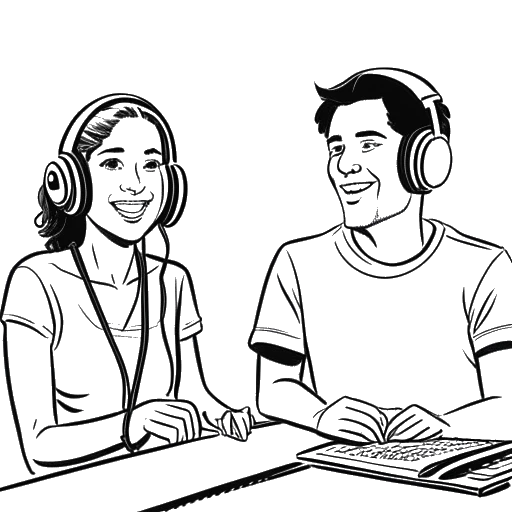 Line art drawing of a woman, representing Kelsey Kreppel, sitting next to a man, representing Cody Ko, in a recording studio, both wearing headphones and smiling.