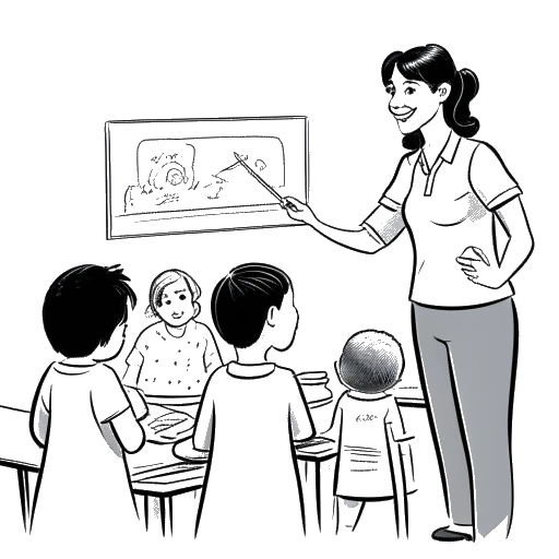 Dessin en noir et blanc d'une femme, représentant Kelsey Kreppel, tenant un diplôme dans une main et interagissant avec des enfants préscolaires dans une salle de classe.