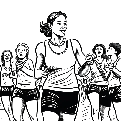 Line art drawing of a woman, representing Kelsey Kreppel, holding a finisher's medal, with a group of runners in the background.