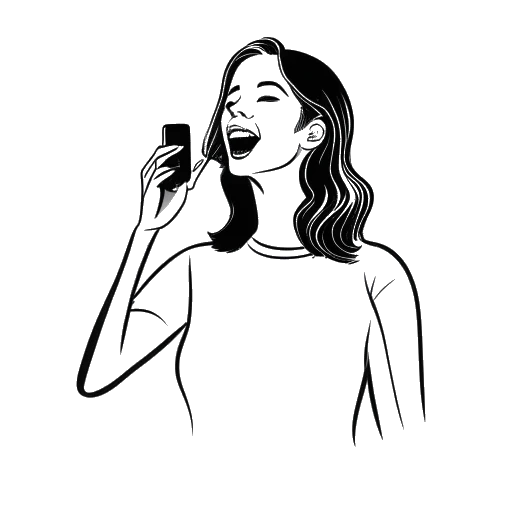 Line art drawing of a woman, representing Kelsey Kreppel, singing off-key, with a smartphone displaying the Instagram logo.