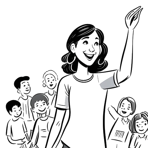 Desenho em arte linear de uma mulher, representando Kelsey Kreppel, sorrindo e segurando um smartphone, enquanto acena adeus para um grupo de crianças em uma sala de aula.