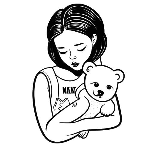 Line art drawing of a woman, representing Kelsey Kreppel, pretending to cry, with a teddy bear tattoo on her arm and a Roman numeral 'MCMXCI' tattoo on her wrist.