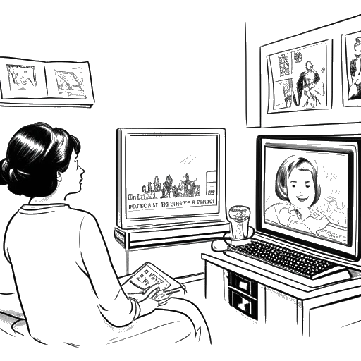 Line art drawing of a woman, representing Kelsey Kreppel, watching the Macy's Thanksgiving Day Parade on TV, with a family photo album open beside her.