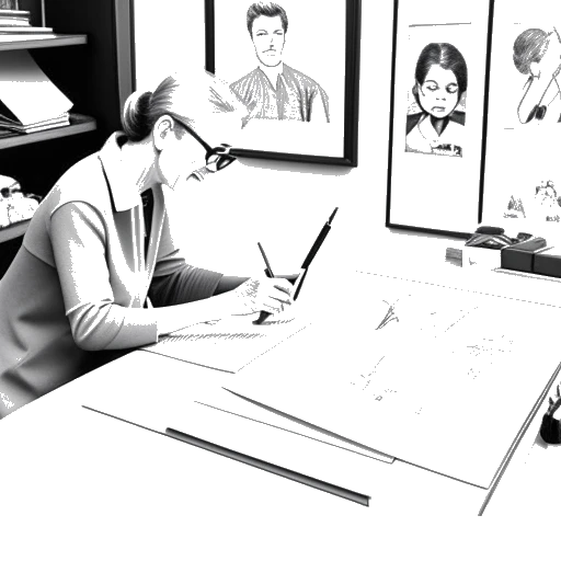 Line art drawing of a woman, representing Kelsey Kreppel, designing clothes with a picture of her grandparents framed on her desk.