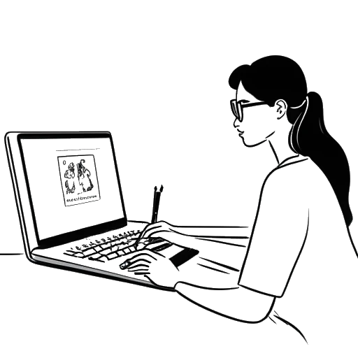 Line art drawing of a woman, representing Kelsey Kreppel, with a laptop, editing a video on YouTube with the year '2014' displayed on the screen.