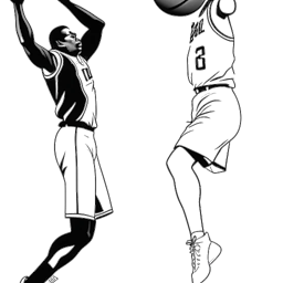 Lijnkunsttekening van een honkbalspeler die een bal werpt, met naast hem een basketbalspeler die een basketbal vasthoudt, wat Michael Jordans overgang van honkbal naar basketbal vertegenwoordigt.
